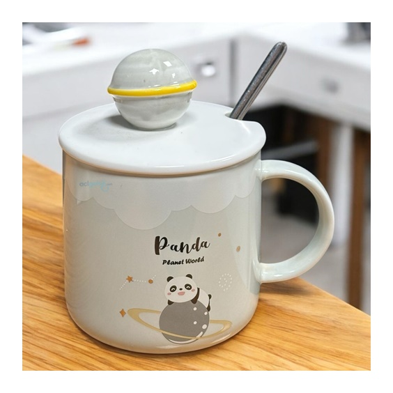 Porselen Kupa Bardak Kapaklı Kaşıklı Panda Planet World