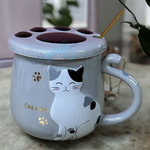 Porselen Kupa Bardak Kapaklı Kaşıklı Two Cats