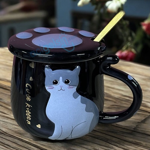 Porselen Kupa Bardak Kapaklı Kaşıklı Two Cats