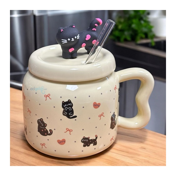 Porselen Kupa Bardak Kapaklı Pipetli 3d Cute Cat