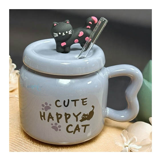 Porselen Kupa Bardak Kapaklı Pipetli 3d Happy Cat