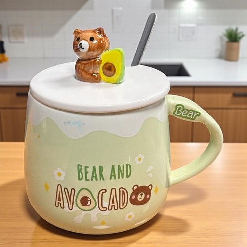 Porselen Kupa Bardak Kaşıklı Şirin Bear Avacado Tasarım Mug