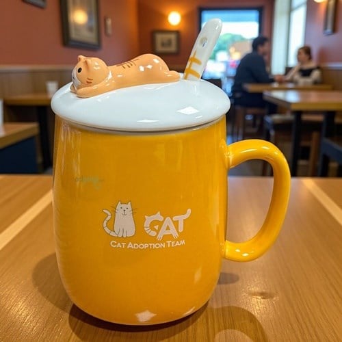 Porselen Kupa Bardak Kaşıklı Şirin Cat Tasarım Mug