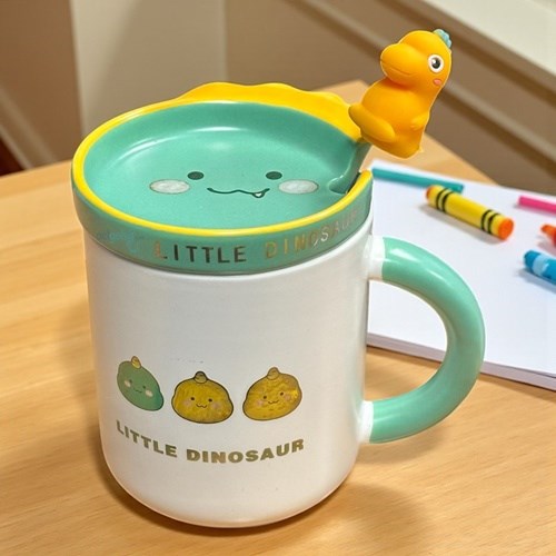 Porselen Kupa Bardak Kaşıklı Şirin Dinosaur Tasarım Mug