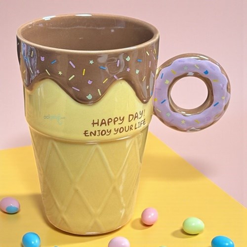 Porselen Kupa Bardak Kaşıklı Şirin Donat Tasarım Mug