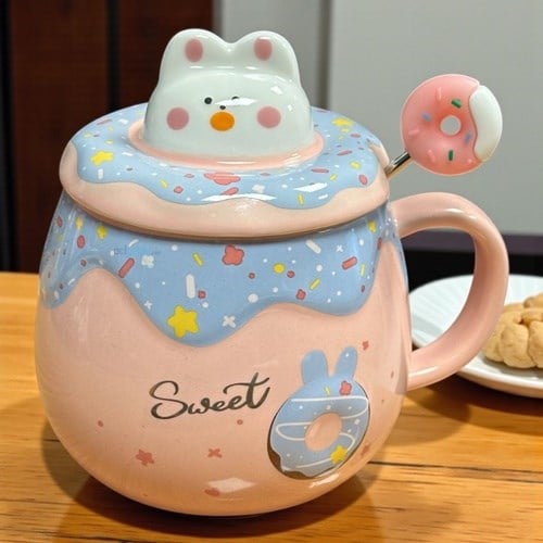 Porselen Kupa Bardak Kaşıklı Şirin Donut Tasarım Mug