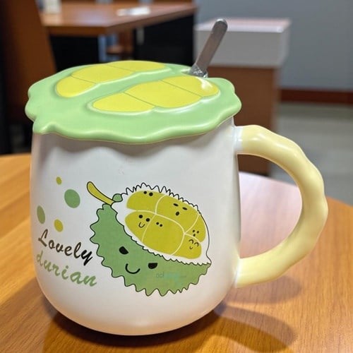Porselen Kupa Bardak Kaşıklı Şirin Durian Tasarım Mug