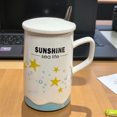 Porselen Kupa Bardak Kaşıklı Şirin Sunshine Tasarım Mug