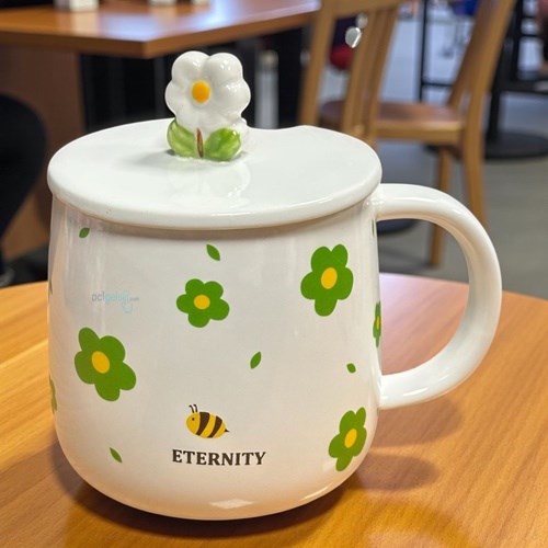 Porselen Kupa Bardak Kaşıklı Şirin Tasarım Çiçekli Mug