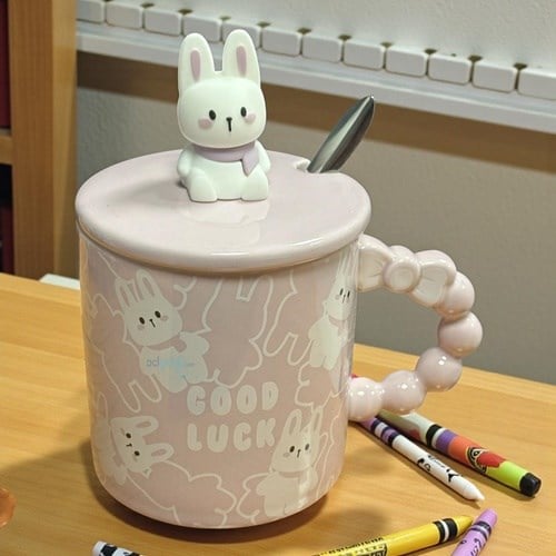 Porselen Kupa Bardak Kaşıklı Şirin Tavşan Tasarım Mug