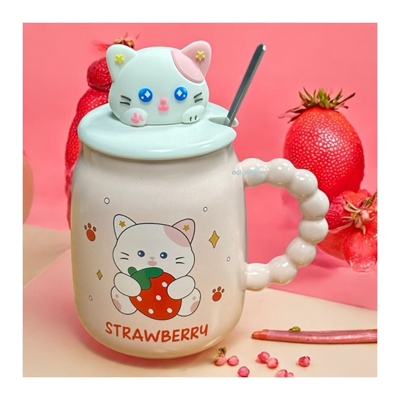 Porselen Kupa Bardak Kaşıklı Strawberry Cat