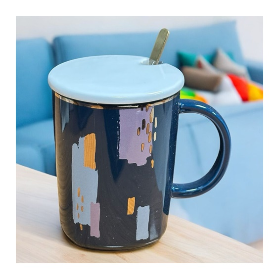 Porselen Kupa Bardak Kaşıklı Yaldızlı Mug