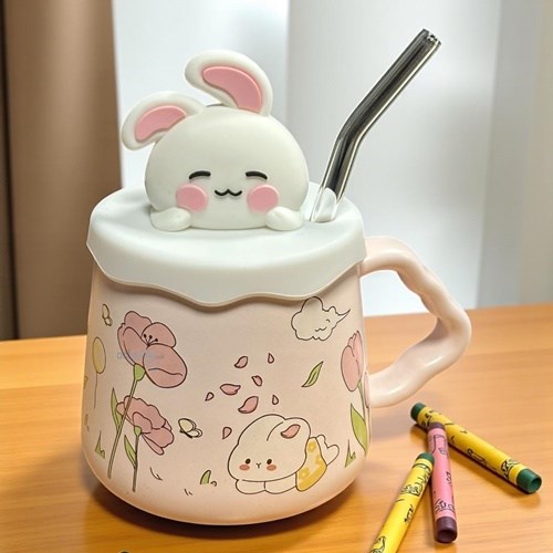 Porselen Kupa Bardak Pipetli Şirin Tavşan Tasarım Mug