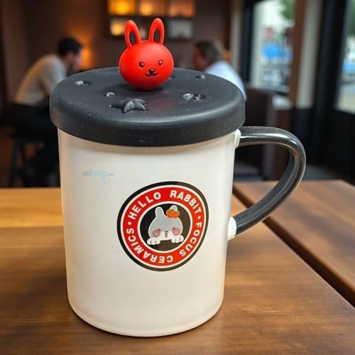 Porselen Kupa Bardak Slikon Kapaklı Rabbit Tasarım Mug