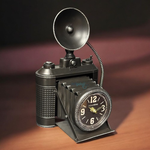 Retro Dekoratif Metal Saatli Fotoğraf Makinesi