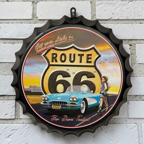 Retro Route 66 Şişe Kapak Model Metal Pano