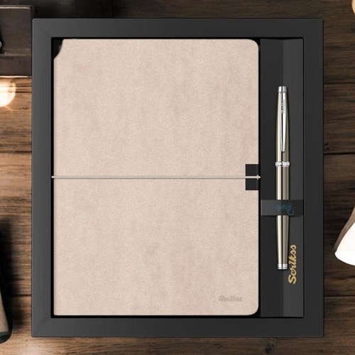 Scrikss Verona Bej A5 Çizgili Defter - 800 Roller Titanyum Krom Set