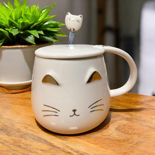 Sense Kedi Kupa Kapaklı Kaşıklı Beyaz