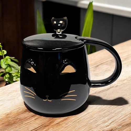Sense Kedi Kupa Kapaklı Kaşıklı Siyah