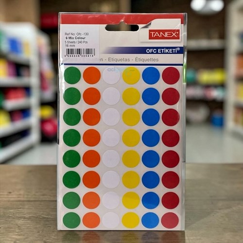 Tanex Ofis Etiketi Yuvarlak Renkli 16mm 240 Parça 5 Yaprak
