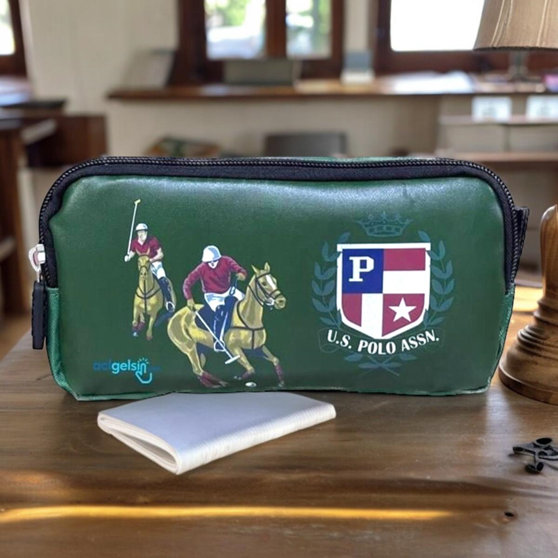 Us Polo Çift Gözlü Kalem Çantası Desenli Yeşil