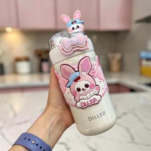 Vagonlife 490 Ml Pembe Tavşan Çelik Termos Paslanmaz Desenli Sızdırmaz