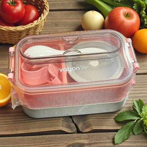 Vagonlife Paslanmaz Çelik Üç Bölmeli Beslenme Kabı 1500 Ml Pembe-krem