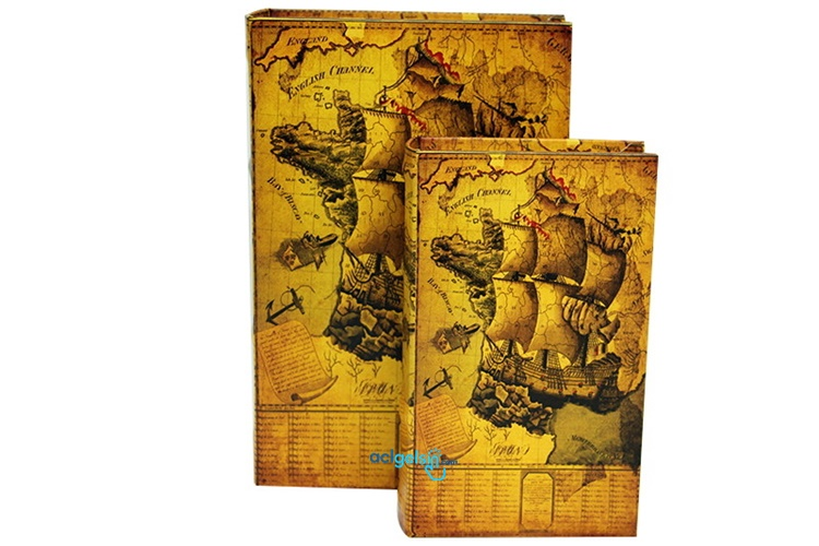 Vintage Ahşap Kutu Kitap Harita 2li Set C0139