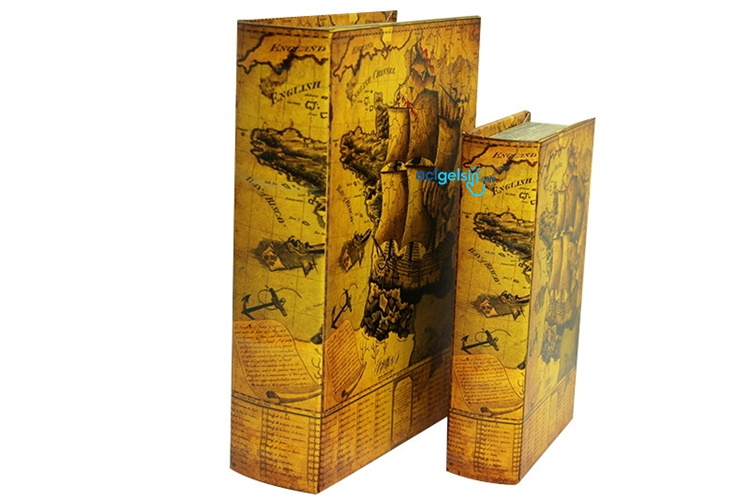 Vintage Ahşap Kutu Kitap Harita 2'li Set C0138
