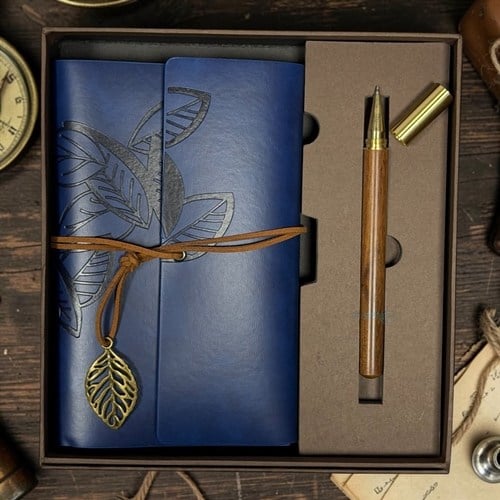 Vintage Lacivert Deri Kapaklı Yaprak Baskılı Kraft Defter Ve Tükenmez Kalem