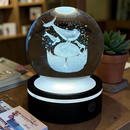 3d Balinalar Işıklı Cam Küre Dokunmatik Standlı 8 Cm