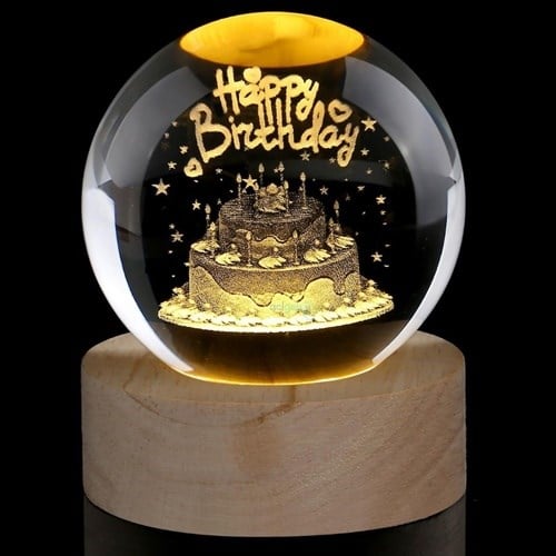 3d Happy Birthday Işıklı Cam Küre 8 Cm