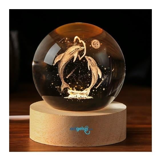 3d Yunus Balığı Kalp Işıklı Cam Küre 6 Cm