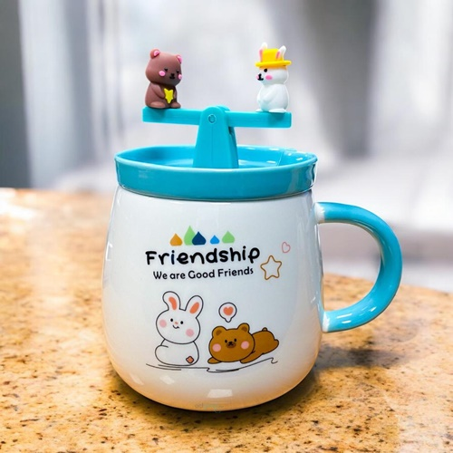 Bam Seramik Kupa Friendship Figürlü Kaşıklı Mavi