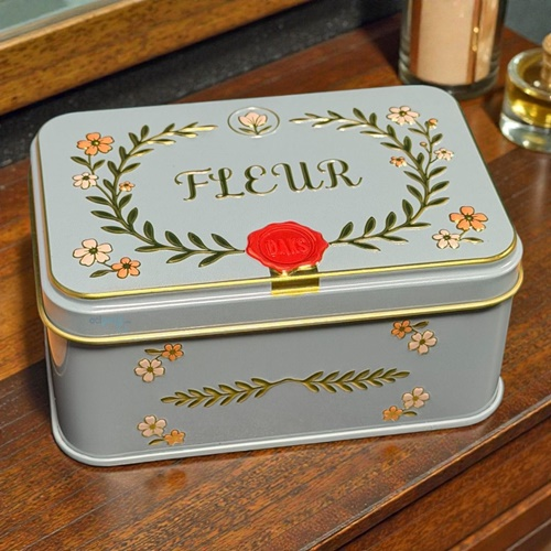 Dekoratif Fleur Metal Saklama Kutusu Turkuaz