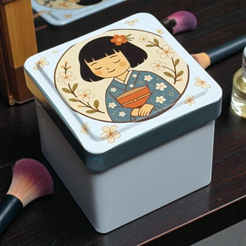 Dekoratif Kare Metal Saklama Kutusu Japon Kız