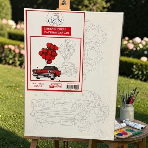 Desenli Tuval Boyama 25x35 Kırmızı Kalp Araba