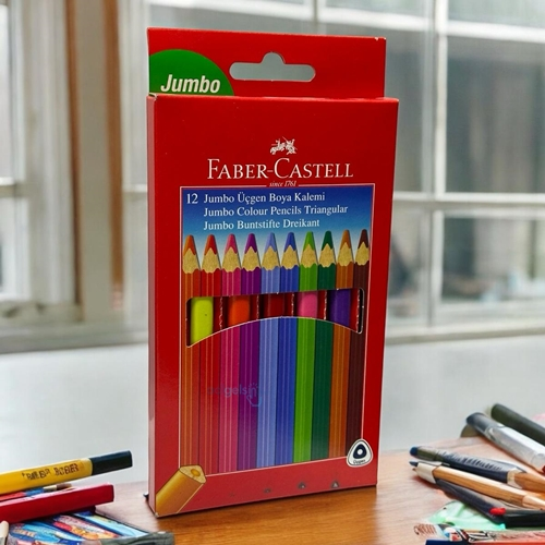 Faber Castell Jumbo Üçgen 12 Renk Tam Boy Kuru Boya Kalemi