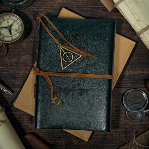 Harry Potter Desenli Deri Kapak Kraft A6 Defter Yeşil