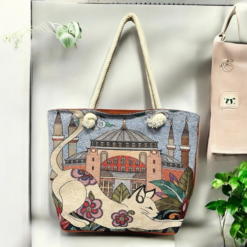 Haydibag Dokuma Omuz Çantası Çiçekli Kedi