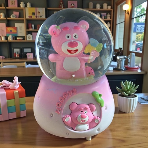 Kar Küresi Pembe Ayı 80 Mm Işıklı Müzikli