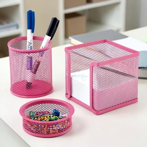 Mas 505 Perfore Üçlü Masaüstü Kalemlik Set Pembe