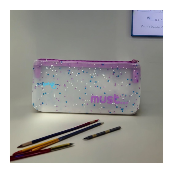 Must Silikon Kalem Çantası Confetti Şeffaf Pastel Renk