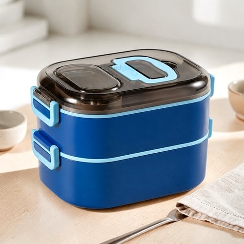 Noki Paslanmaz Çelik Beslenme Kabı Taşıma Kulplu Çift Katlı Oval 1100ml Mavi