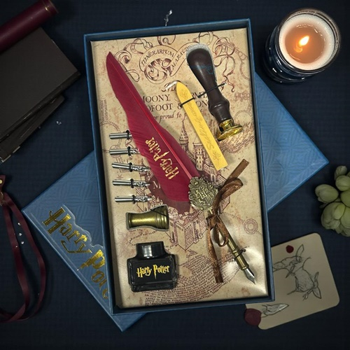 Nostaljik Harry Potter Kırmızı Tüylü Dolma Ve Kaligrafi Divit Kalem Seti