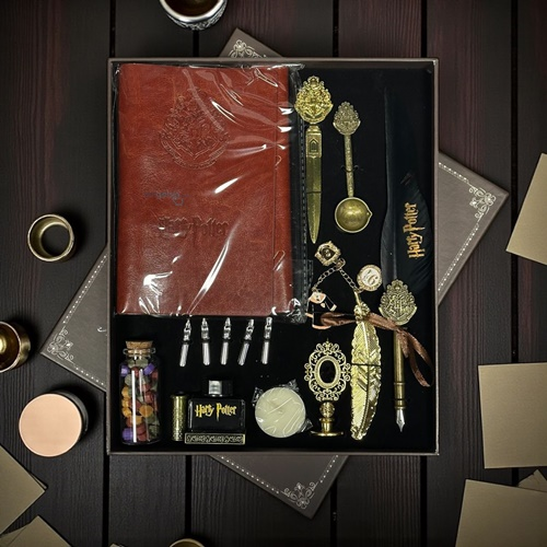 Nostaljik Harry Potter Siyah Tüylü Kaligrafi Kalem Defter Ve Mühür Seti