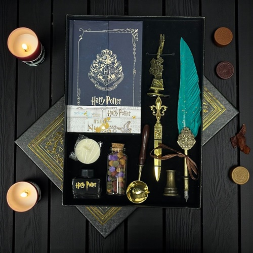 Nostaljik Harry Potter Yeşil Tüylü Kaligrafi Kalem Defter Ve Mühür