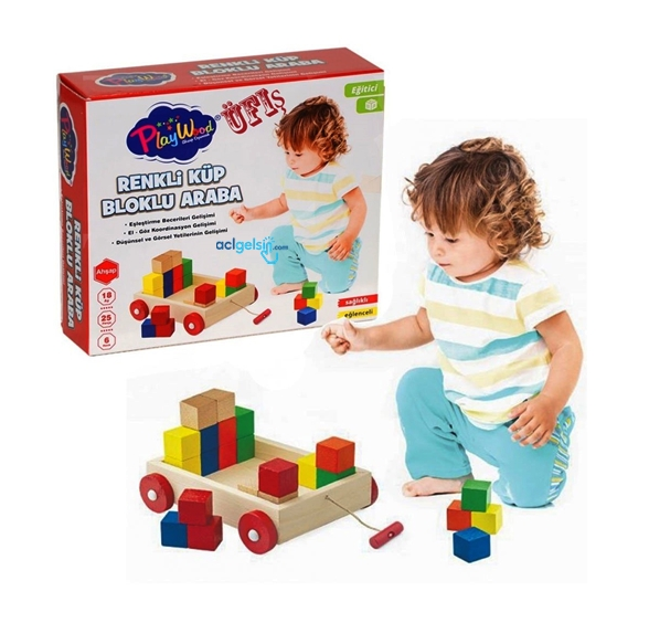 Play Wood Ahşap Renkli Küp Bloklu Araba