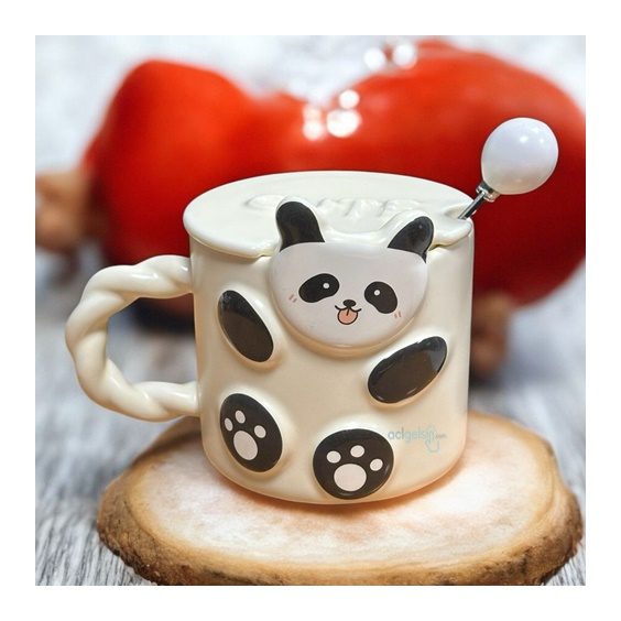 Porselen Kupa Bardak Kapaklı Kaşıklı 3d Panda