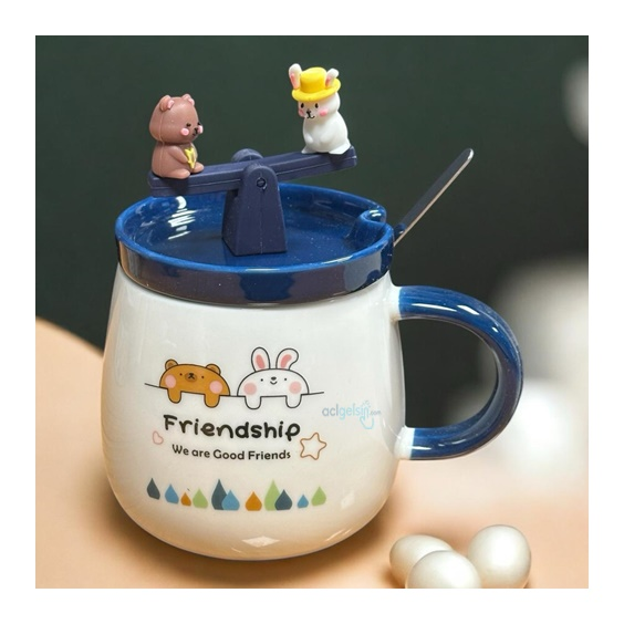 Porselen Kupa Bardak Kapaklı Kaşıklı 3d Friendship